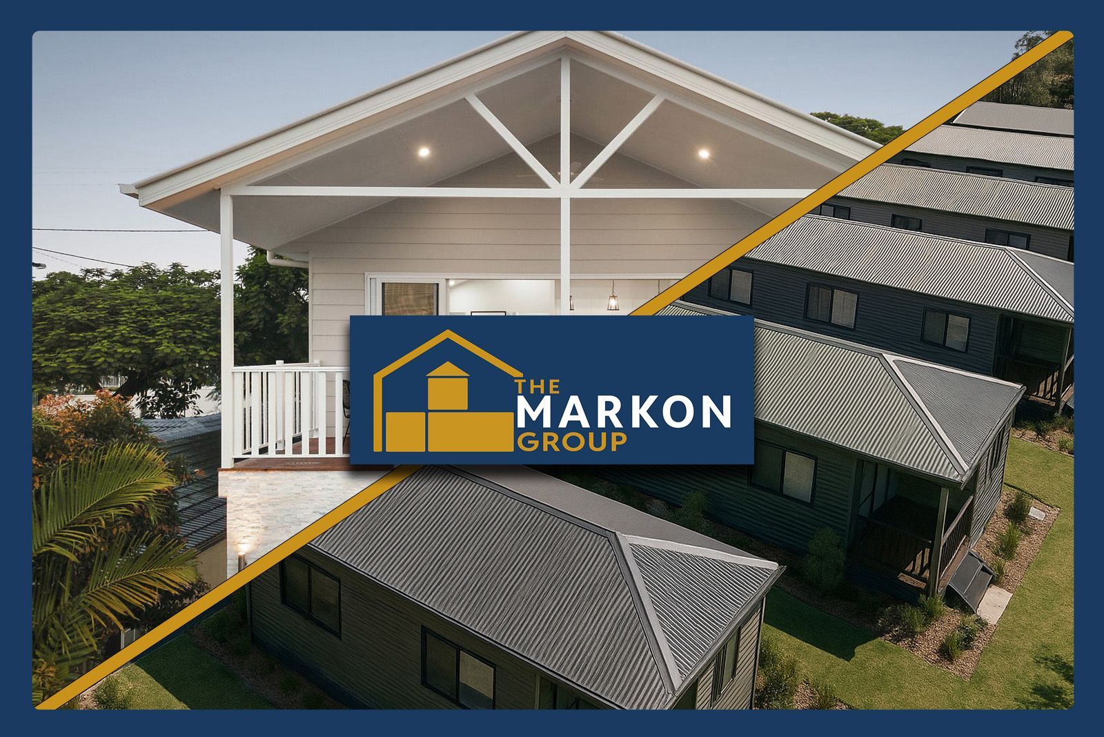 A split view showcasing The Markon Group logo over photos of a house and multiple townhouses, all with similar gray roofs and exteriors.