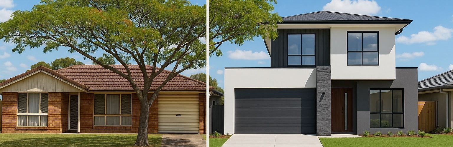 Before-and-after comparison of a house: old, single-story brick house on the left and a modern, two-story house on the right. 
