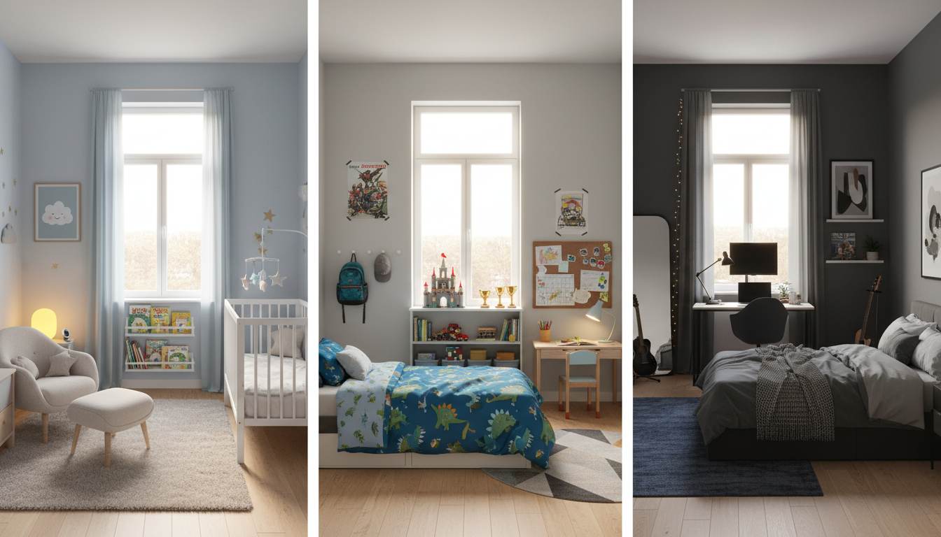 Three children's bedrooms: Blue, gray, and dark gray with beds, desks, toys, and windows.