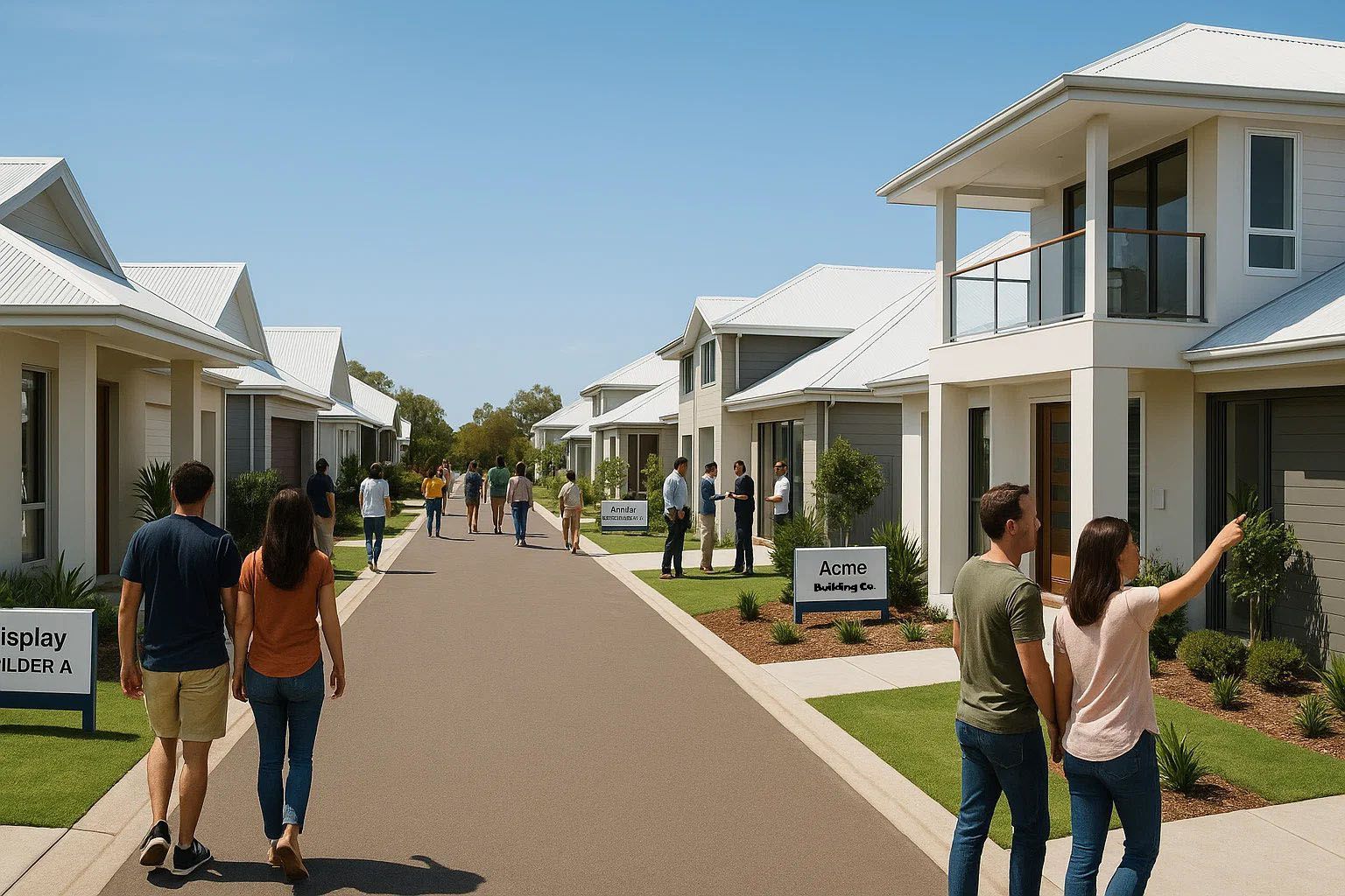 People viewing display houses on a sunny street; white houses with gray roofs, green lawns, and signs for sale.