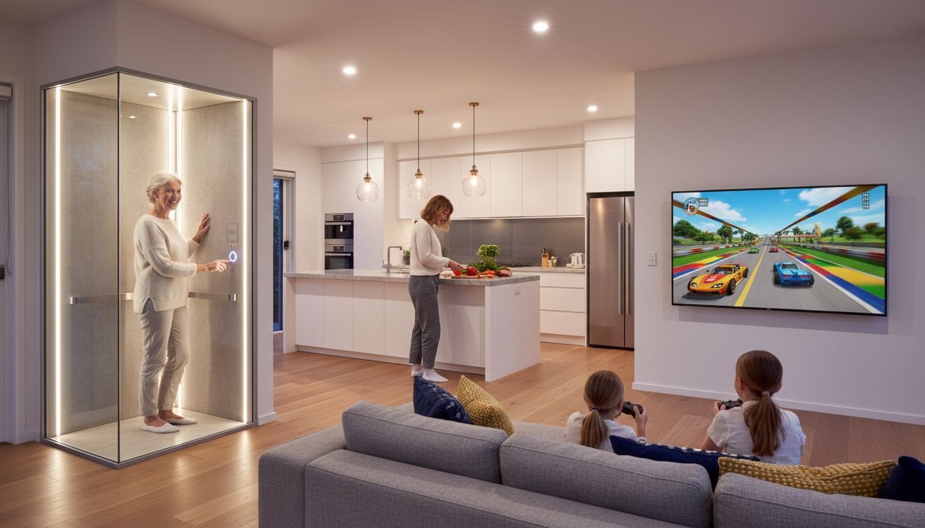 Woman in elevator; kitchen, living room with people watching TV.