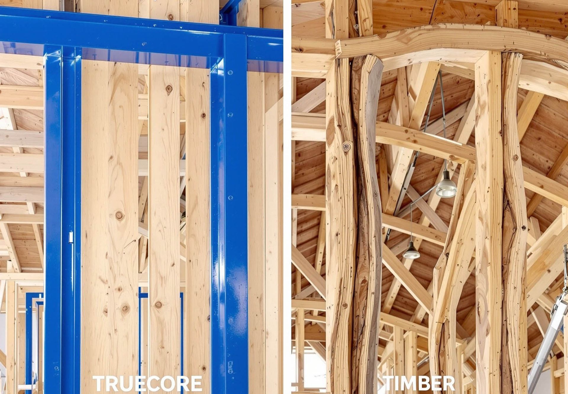 Comparison of Truecore blue steel framing vs. wooden timber framing in a building's construction.