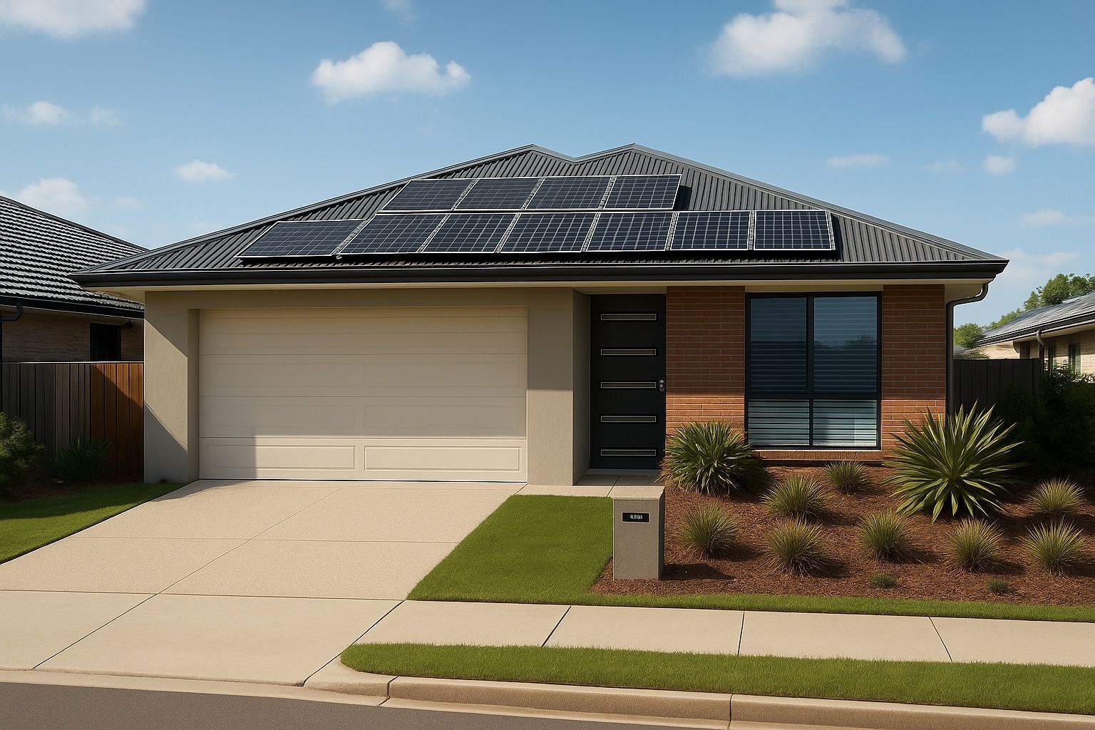 House with solar panels on roof, beige garage door, brick facade, and landscaped yard.