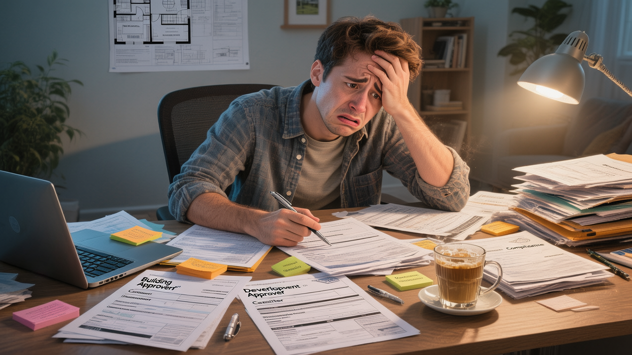 Man at desk overwhelmed with paperwork, laptop, and coffee.
