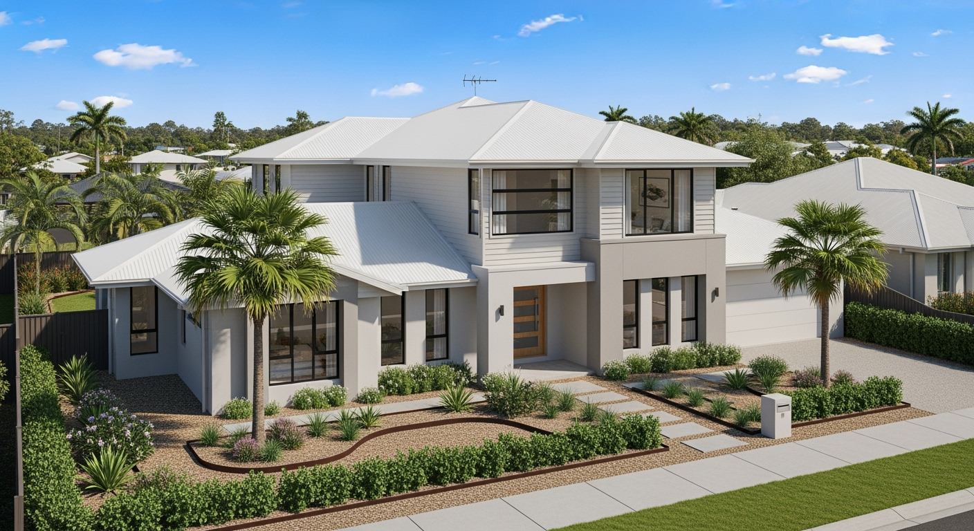 Two-story modern house with white roof and gray facade, palm trees, and a green lawn under a blue sky.