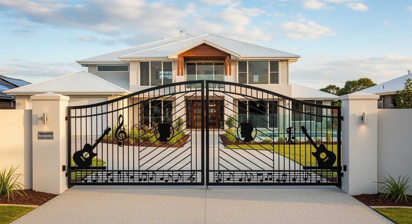 White house behind decorative black metal gate featuring guitar silhouettes.