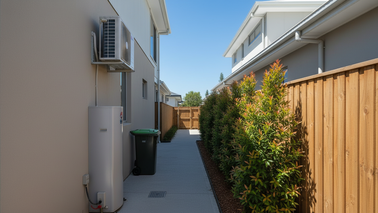 Narrow walkway between two buildings, one with air conditioner and water heater, the other with a wooden fence and green bushes.