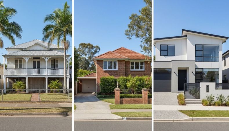 Three houses: Victorian, brick, and modern, lined up on a street with blue sky.