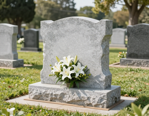 In un cimitero erboso si erge una lapide di granito grigia e verticale, ornata alla base da un mazzo di gigli bianchi.