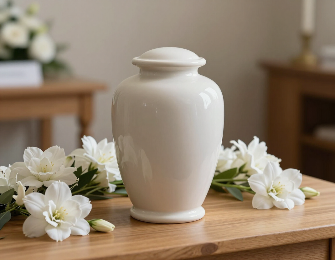In una stanza luminosa e accogliente, un'urna cineraria in ceramica bianca e liscia poggia su un tavolo di legno, affiancata da fiori bianchi.