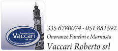 Logo per Vaccari Onoranze Funebri e Marmista con numeri di telefono, raffigurante l'icona di un campanile su sfondo grigio.