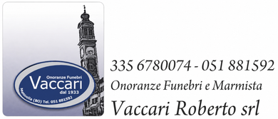 Logo per Vaccari Onoranze Funebri e Marmista con numeri di telefono, raffigurante l'icona di un campanile su sfondo grigio.