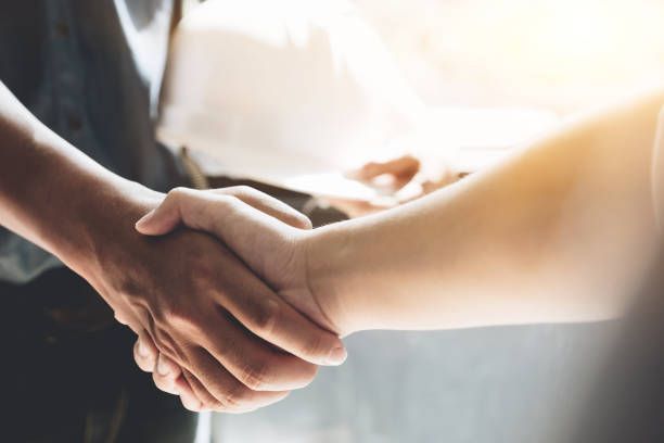 Two people shaking hands, blurred background, sunlight.