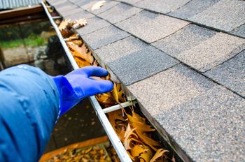Person in blue glove cleaning a gutter filled with fall leaves.