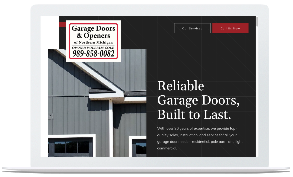 A laptop screen displays a garage door company website with the business name and phone number on a gray house background.