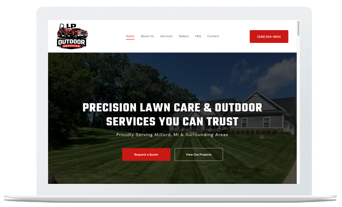 Website homepage for L&P Outdoor Services, featuring a manicured lawn, business branding, and call-to-action buttons.