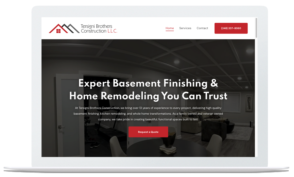 Laptop screen displaying the Integrated Homes Construction, LLC website homepage with text about home remodeling services.