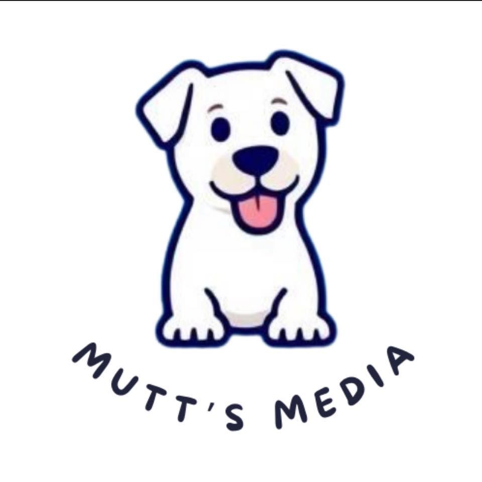A white cartoon puppy with a happy expression sits above the text 