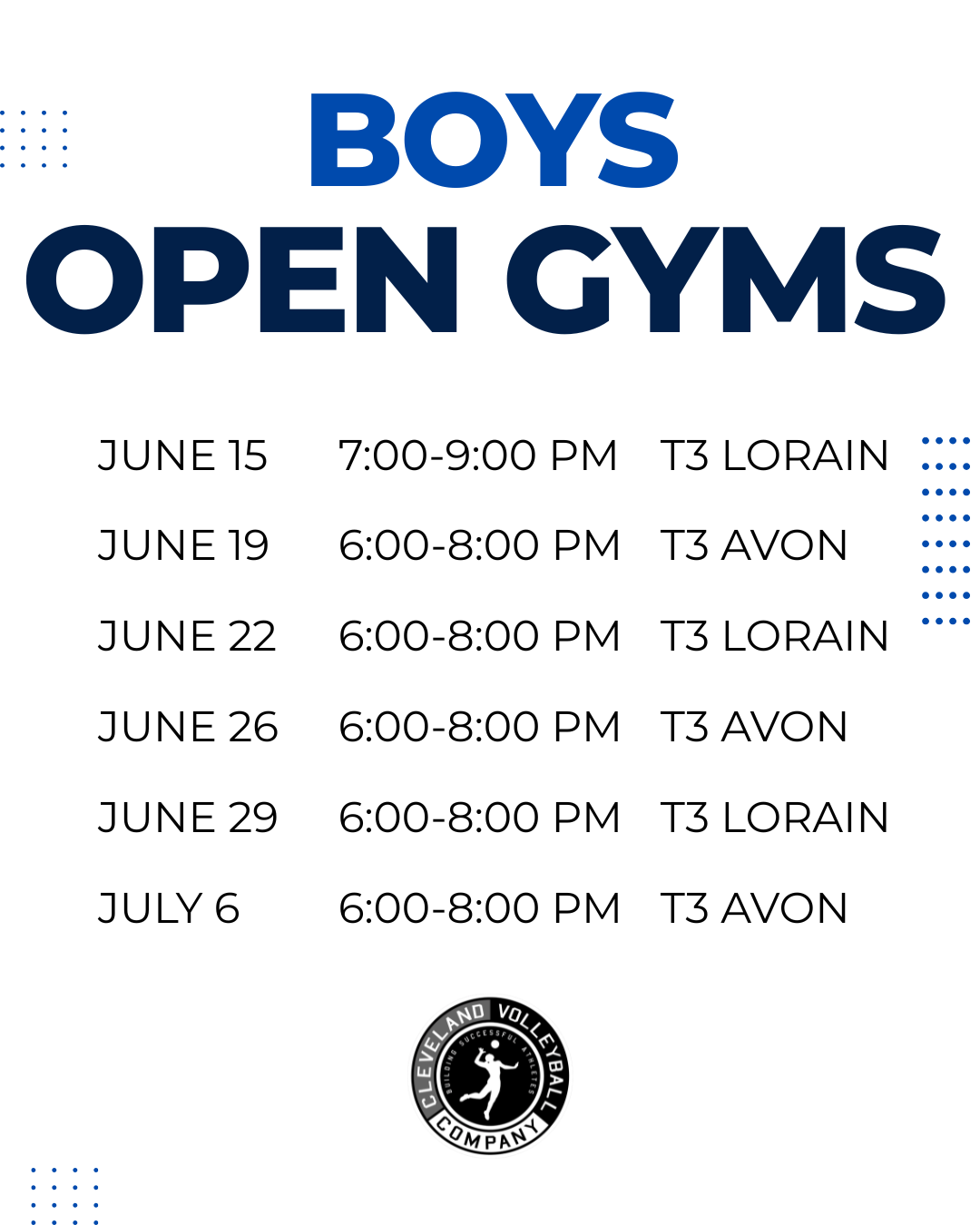 Cleveland Volleyball Company Boys Open Gym flyer