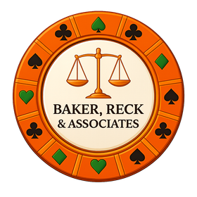 Orange law firm logo with scales of justice and text “Baker, Reck & Associates”
