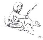 Black and white illustration of boy kneeling wearing a hoodie petting a cat with it's tail up in the air