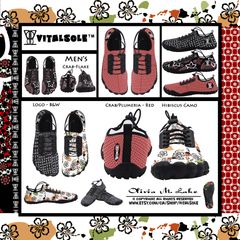 red circle border surrounding image of colorful prints and Vitalsole floral printed water shoes with toes