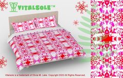 Red and pink coral floral duvet cover and pillow cases design by Olivia M. Lake green vitalsole logo top left with bed below and red and pink pattern to right with green fern red snow flakes and red text on bottom within green oval