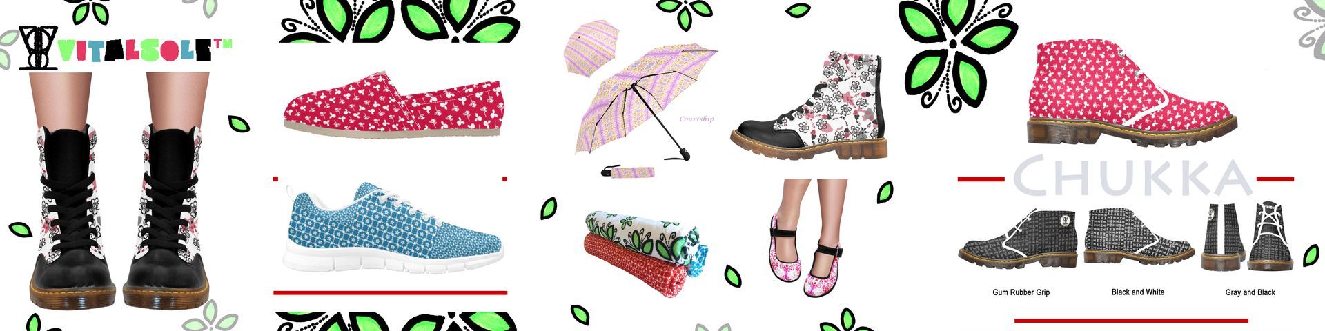 vitalsole banner with vitalsole logo and text in upper left corner below legs in combat boots next to that men's black hibiscus with orange and green camo print canvas classic lace-up shoes center of banner confetti glass plate with combat boots and stone coasters with drink with lime wedge and far right on banner pink chukka boot with grey text  and below black and white vitalsole logo chukka boots whole bannner surrounded by illustrated black outline petals and flowers with green petals