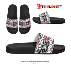 Vitalsole logo and text in top right corner in black red and orange lettering and black soled single wide toe strap slide slip on sandals with black white and red sand dollar and patch design by Olivia M. Lake within red circle and description below image on right side of screen