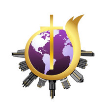 A purple globe with a gold cross in the middle