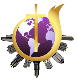 A purple globe with a gold cross in the middle