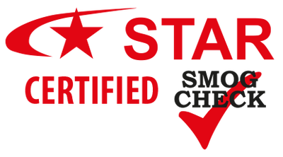 A star certified smog check logo with a red check mark
