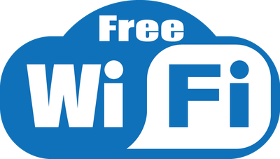 A blue and white sign that says free wi fi