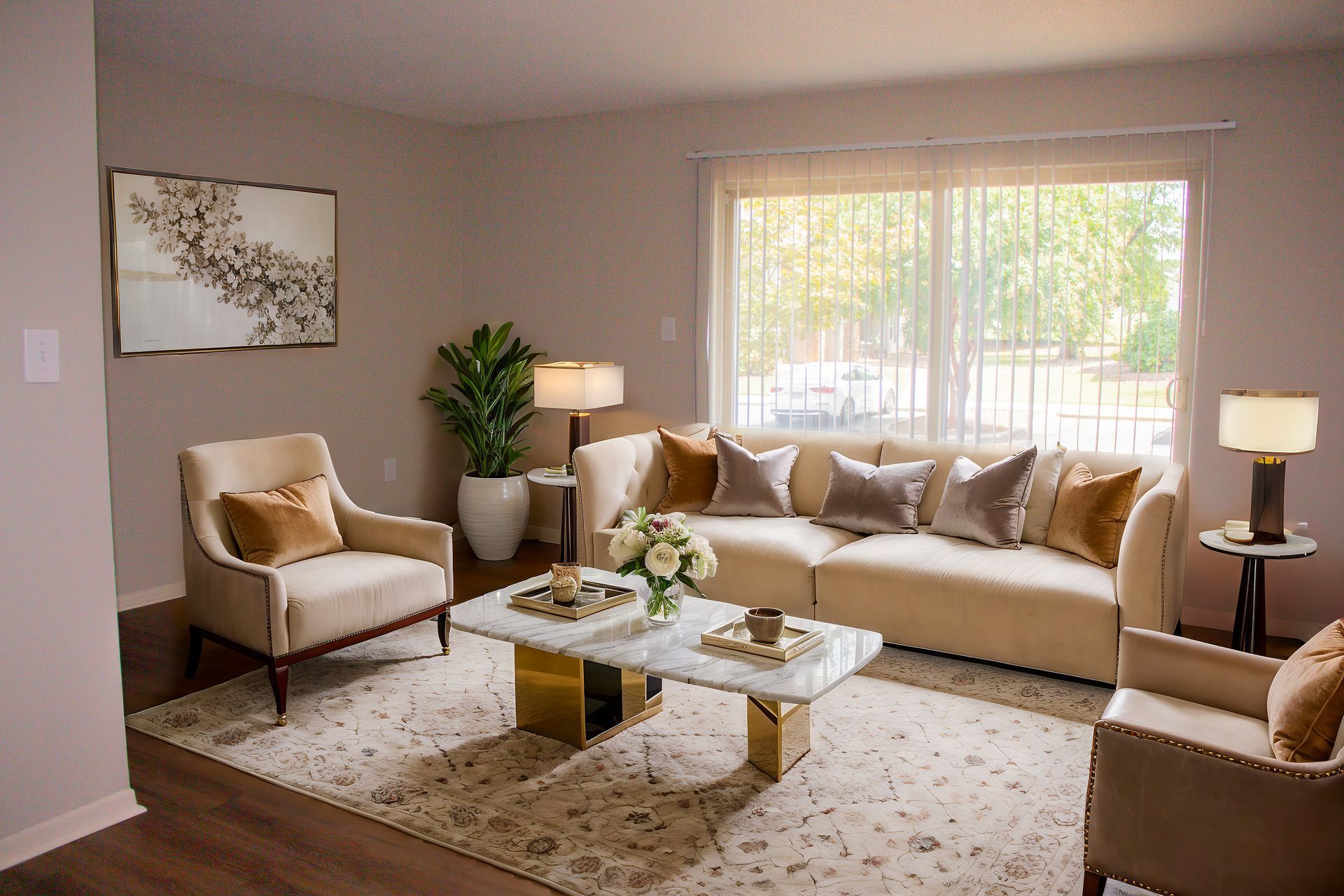 A living room with a couch , chairs , and a coffee table.