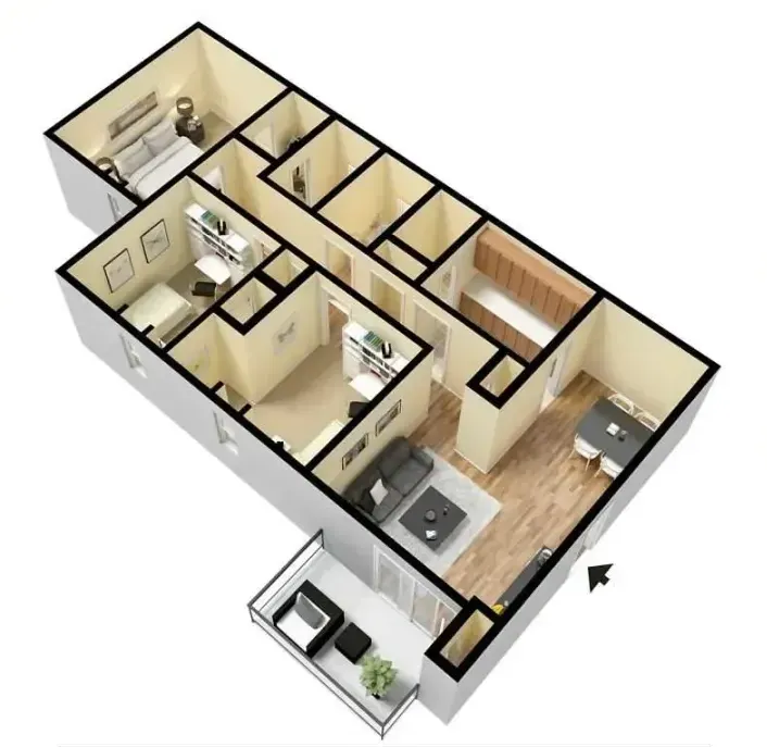 A 3d floor plan of a house with a balcony