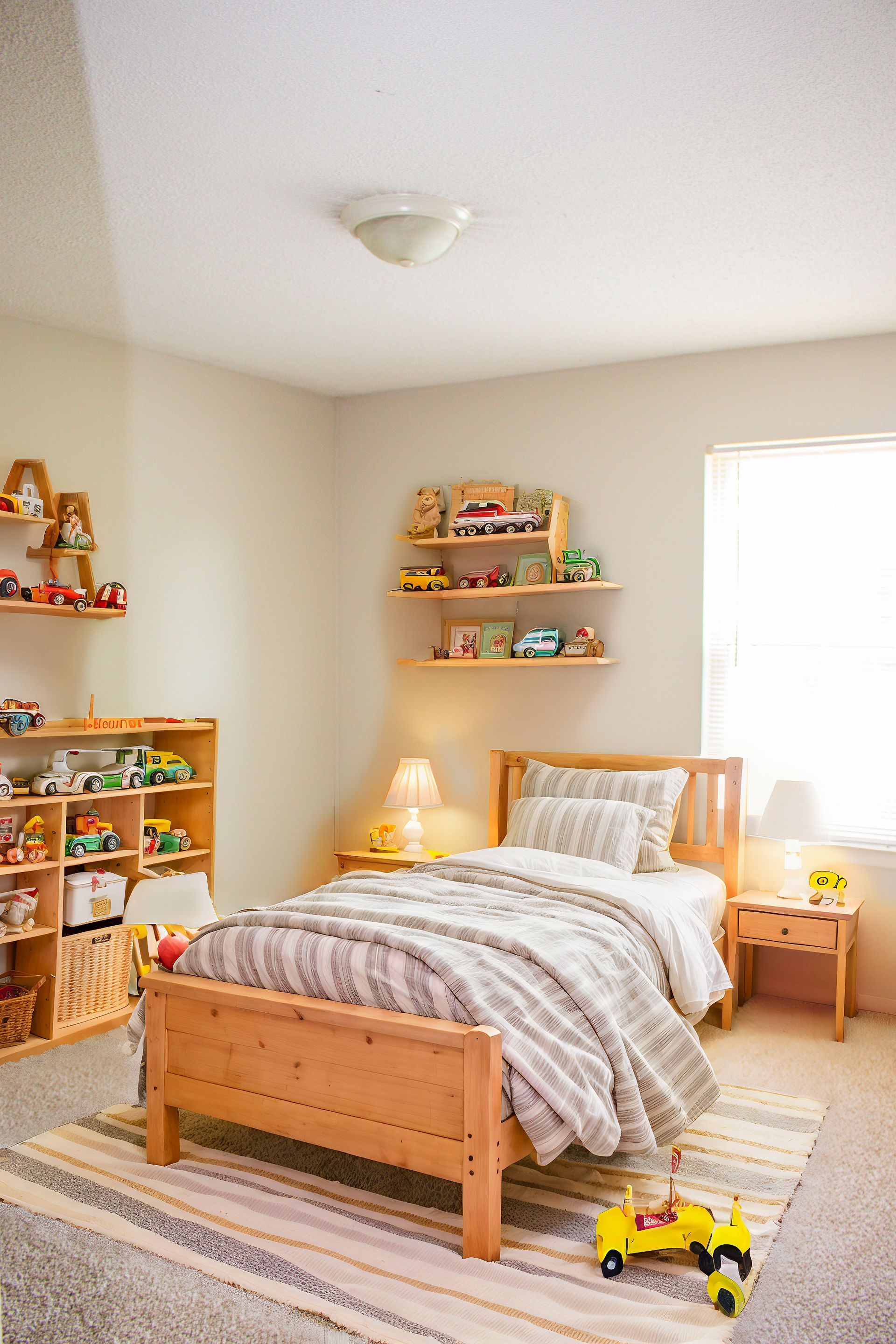 A child 's bedroom with a bed , nightstand , shelves and toys.