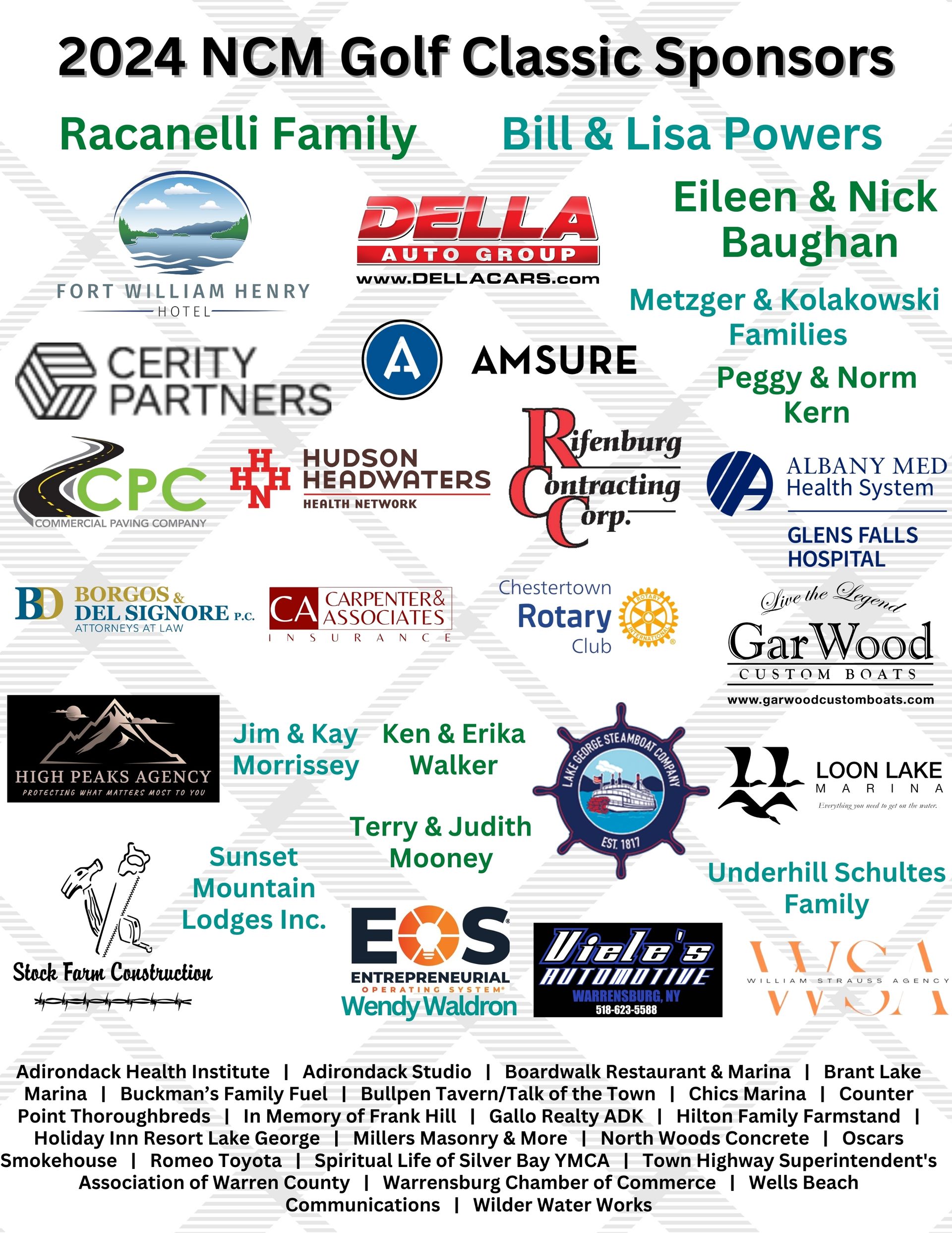 A list of sponsors for the 2024 NCM Golf Classic, featuring various company logos and names arranged in a grid.