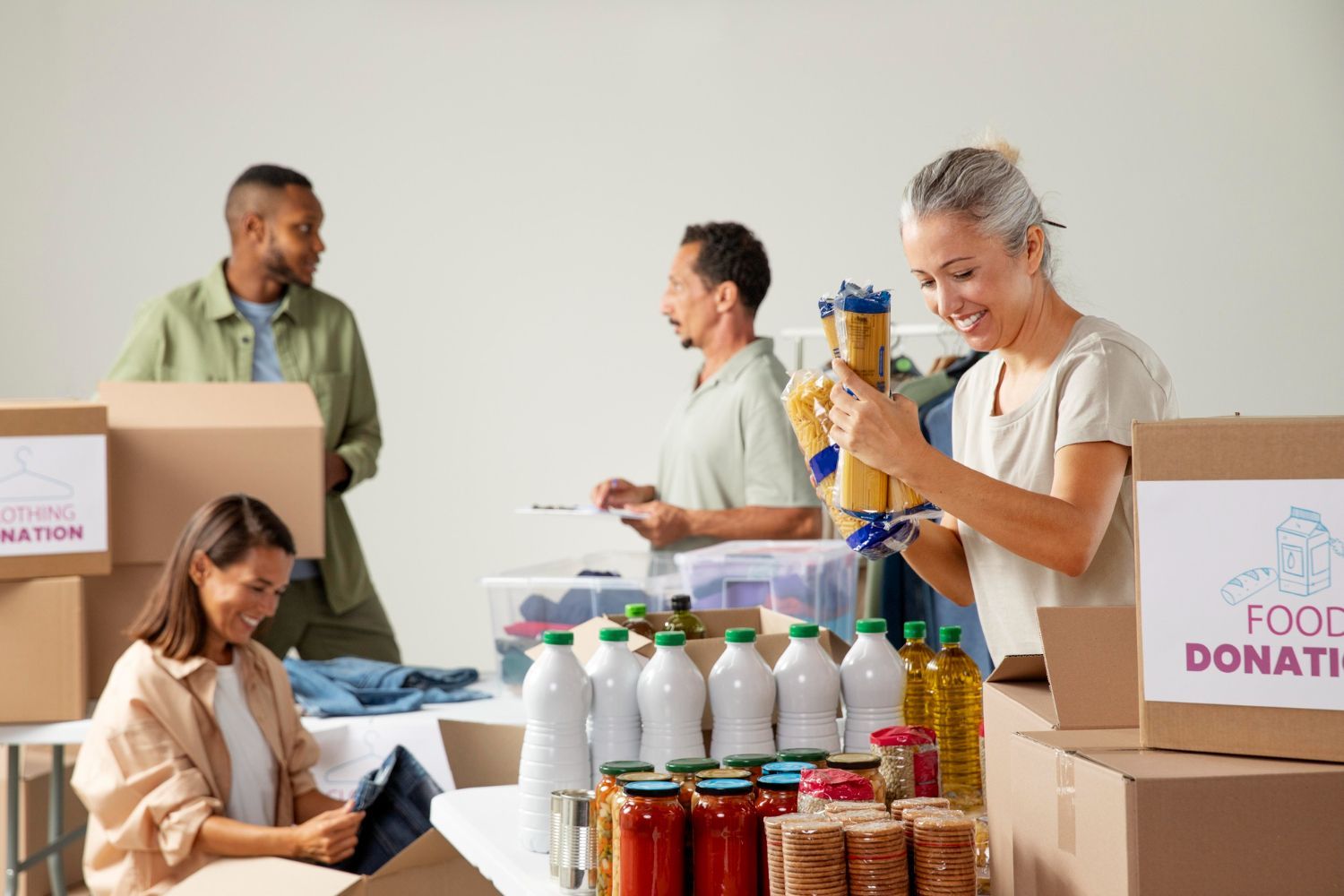A group of volunteers in a bright room packs food and clothing into cardboard boxes labeled for donations.
