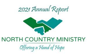 2021 Annual Report logo for North Country Ministry, featuring a green and teal handshake icon above the organization name.