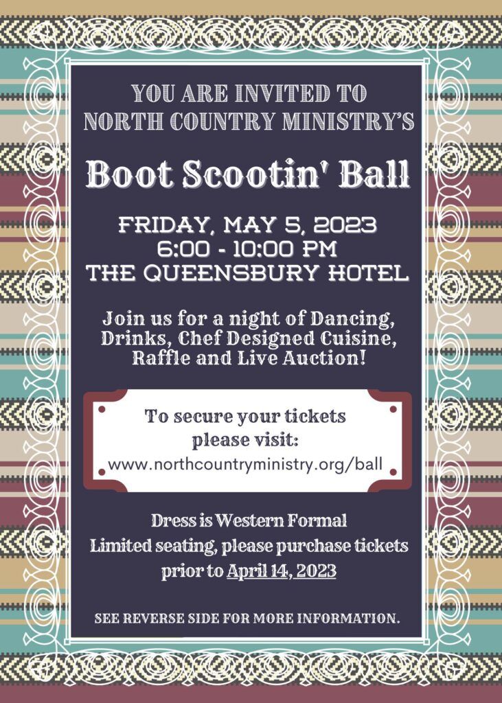 Invitation to North Country Ministry’s Boot Scootin’ Ball at The Queensbury Hotel on May 5, 2023, with Western Formal dress.