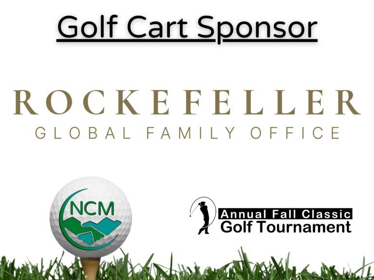 A sponsor sign for the Annual Fall Classic Golf Tournament featuring the Rockefeller Global Family Office logo.