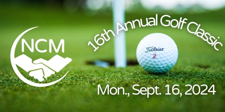 Event graphic for NCM's 16th Annual Golf Classic on Monday, September 16, 2024, featuring a golf ball on a green.