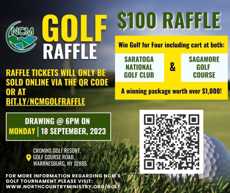 NCM $100 golf raffle flyer promoting a prize of golf for four at Saratoga National and Sagamore, drawing September 18.