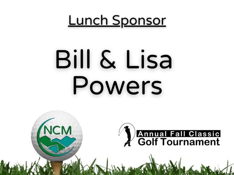 Lunch Sponsor sign for Bill & Lisa Powers featuring the NCM Annual Fall Classic Golf Tournament logo and a golf ball.