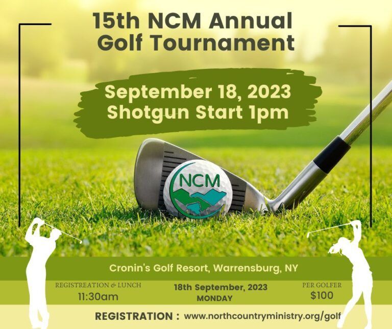 Announcement for the 15th NCM Annual Golf Tournament, Sept 18, 2023, at Cronin's Golf Resort, Warrensburg, NY. Cost $100.