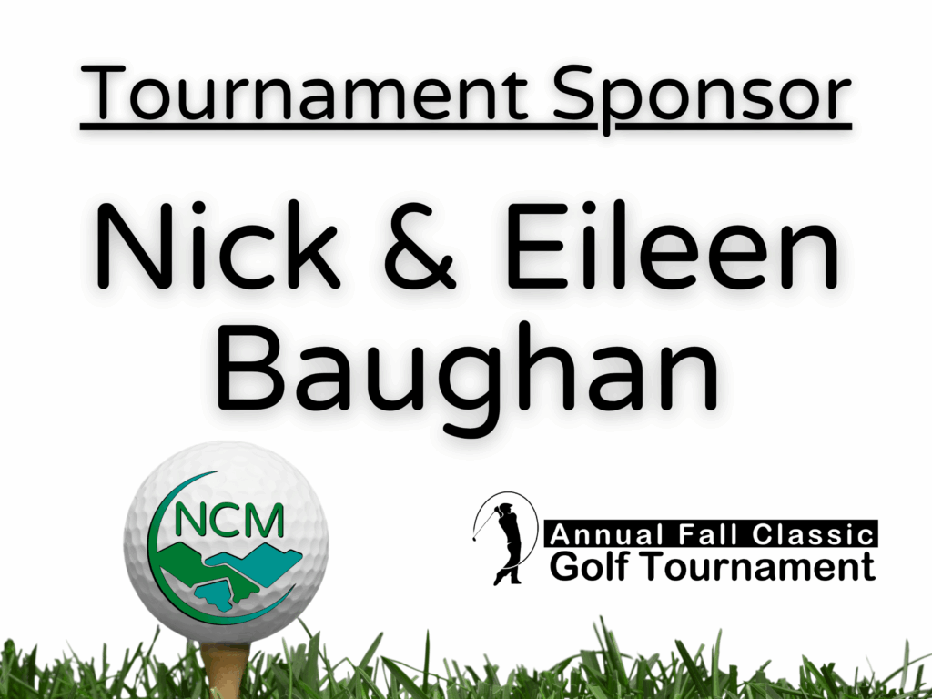 Tournament Sponsor sign for Nick & Eileen Baughan with NCM and Annual Fall Classic Golf Tournament logos on a grass base.