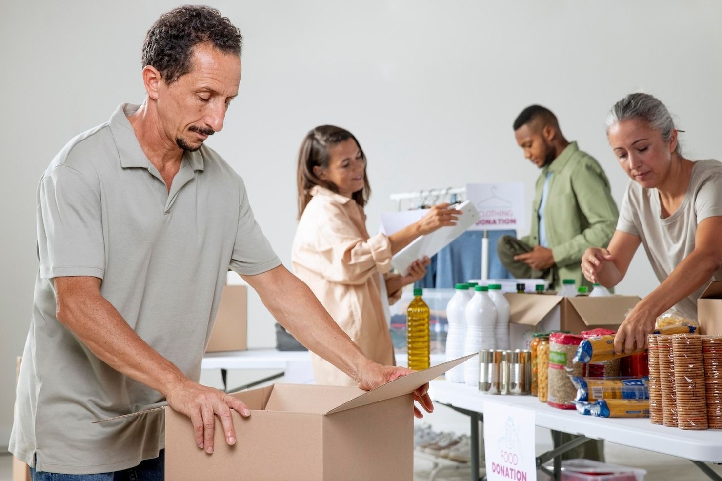 Volunteers work together at a food bank, packing cardboard boxes with food items on tables.