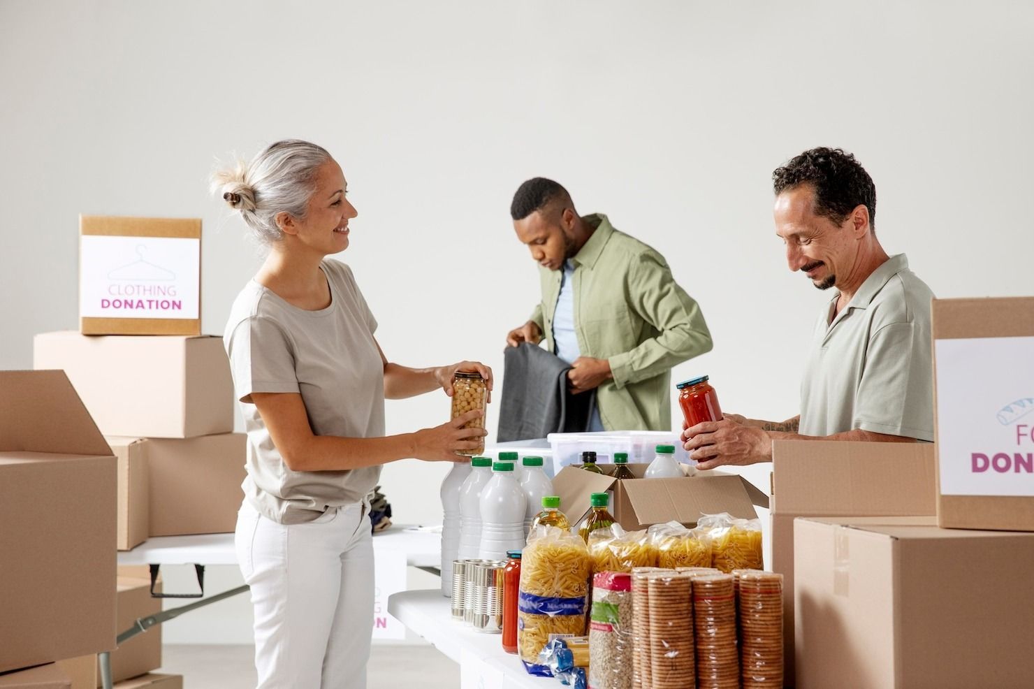 Three volunteers organize food donations in boxes at a clean, white workspace.