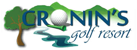 Logo for Cronin's Golf Resort featuring the company name, a tree, a river, and a golf ball on a tee against mountains.