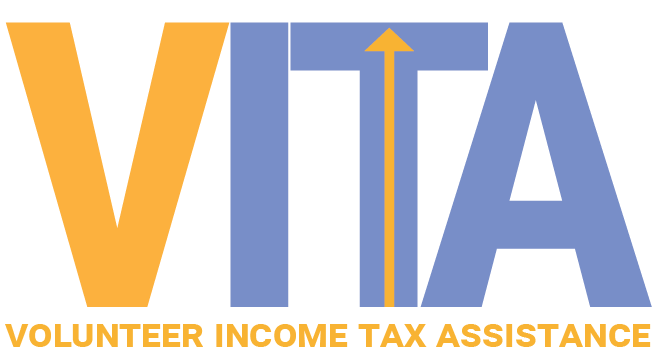 The VITA logo with yellow and blue letters and an upward-pointing arrow, reading: Volunteer Income Tax Assistance.